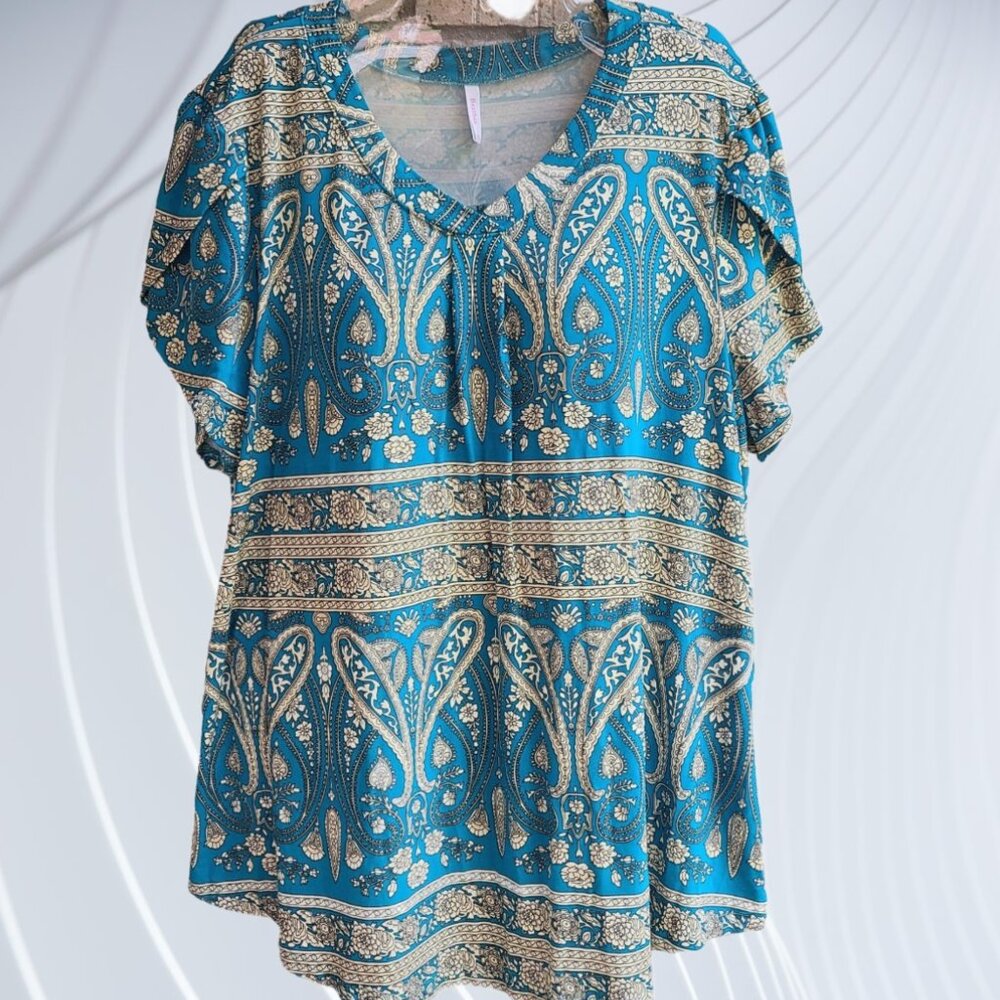 Bestbee Womens Size 2XL Top Blouse Shorts Sleeves Emerald Green Paisley Print